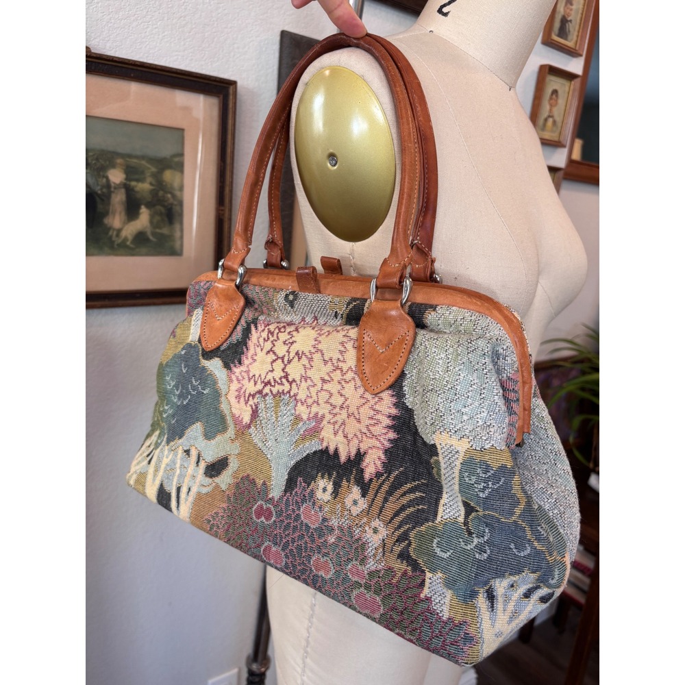 Marco Avane Vintage Tapestry Forest Landscape Satchel Bag Leather Trim Tan